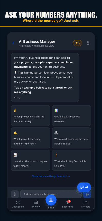 Job Cost Pro AI business manager chat answering questions about project profit