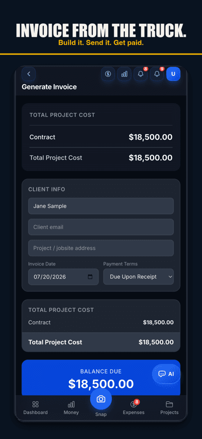 Job Cost Pro invoice generator building an $18,500 invoice from the phone