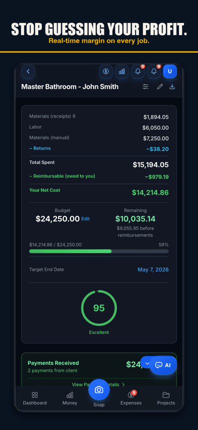 Job Cost Pro job screen showing live budget, spend, and a 95 job-health score on a bathroom remodel