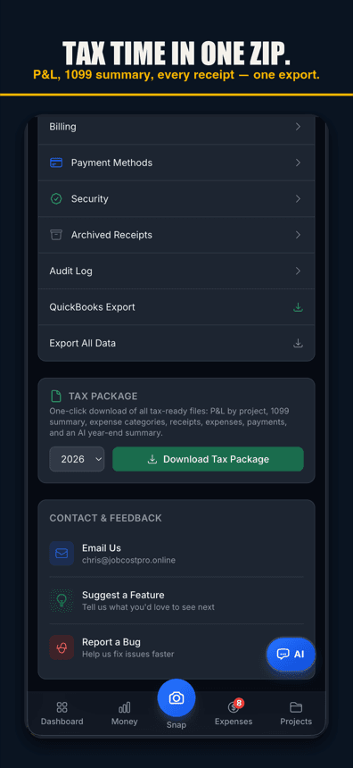 Job Cost Pro settings showing the one-tap tax package download and QuickBooks export