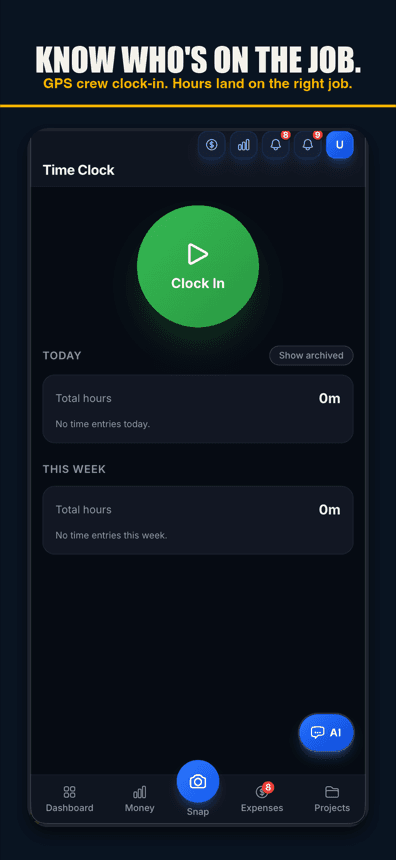 Job Cost Pro crew time clock with GPS clock-in
